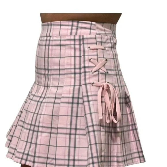 Preppy Pink Gray Plaid Pleated Skirt with Side Tie Coquette Small - Picture 7 of 9